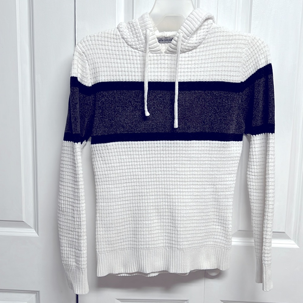 New Dream White Gray Black Stripe Long Sleeve Hoodie Sweater Size M